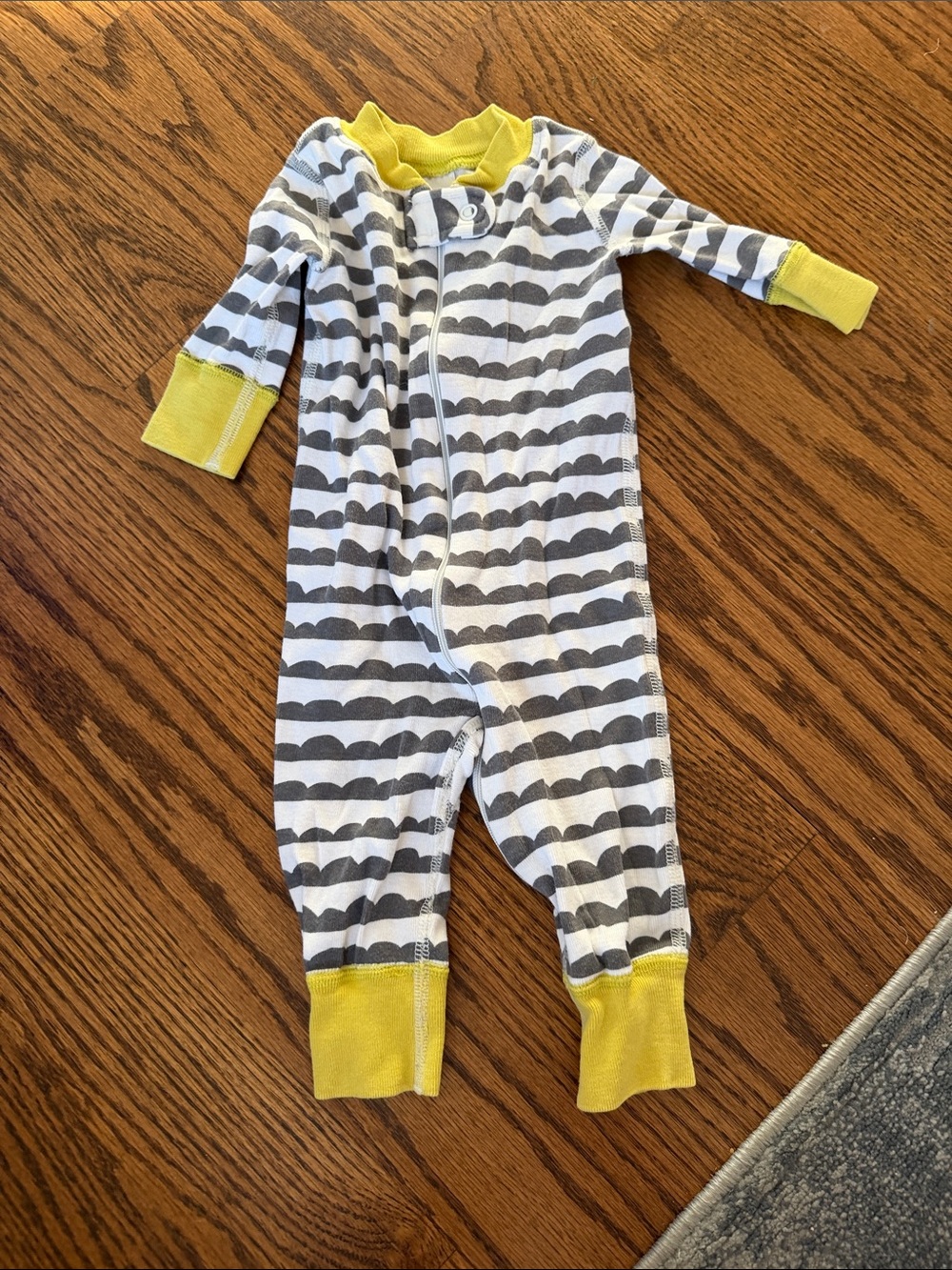 Hanna Andersson Gray Stripe Footed One-Piece with Yellow Trim